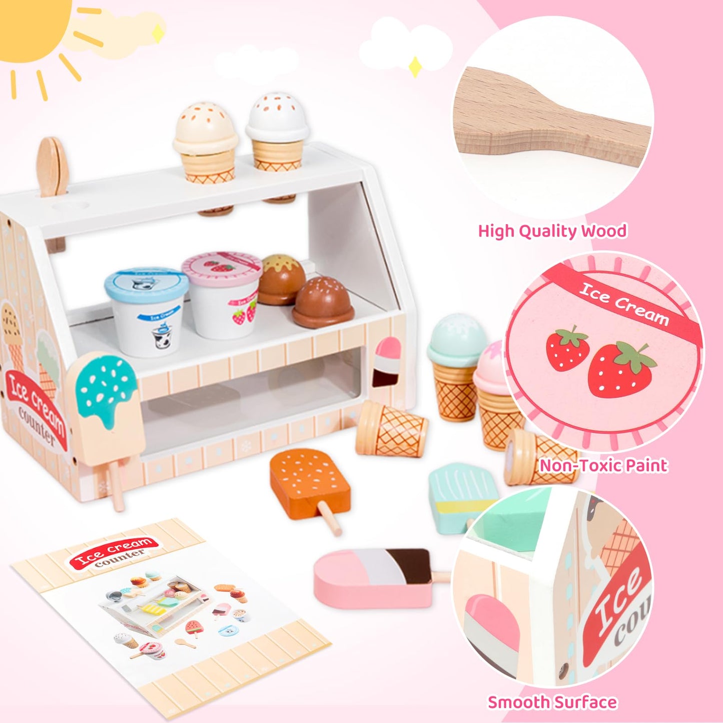 HAPGFS Wooden Ice Cream Toys for Toddlers 3-5 Kids Play Store Pretend Food Kitchen Accessories with Scoop & Menu & Toy Cash, Woo