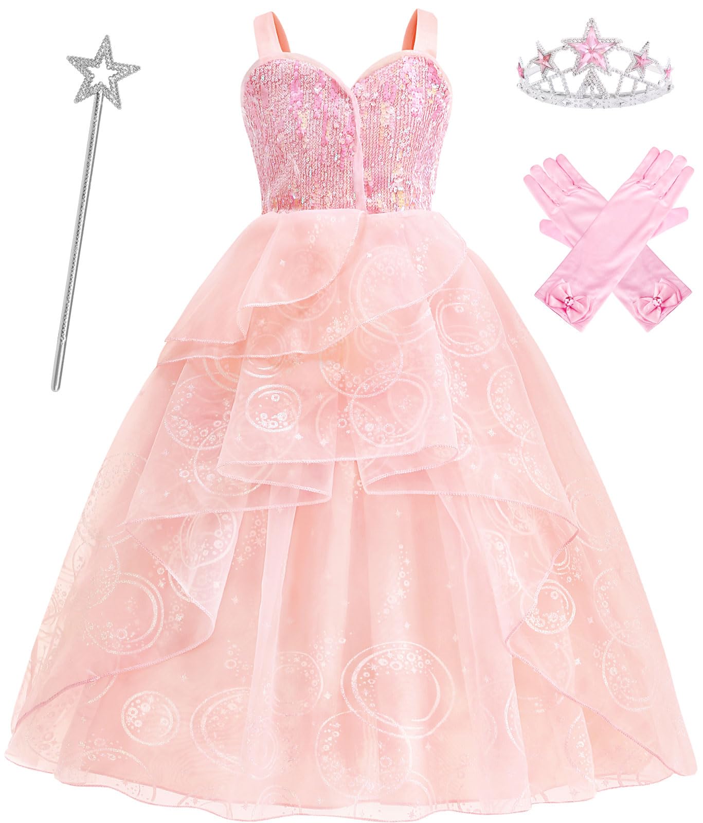ODESABO Pink Witch Costume for Girls with Crown and Wand Halloween Costume for Kids The Good Witches Princess Dress Up (7-8 Years)