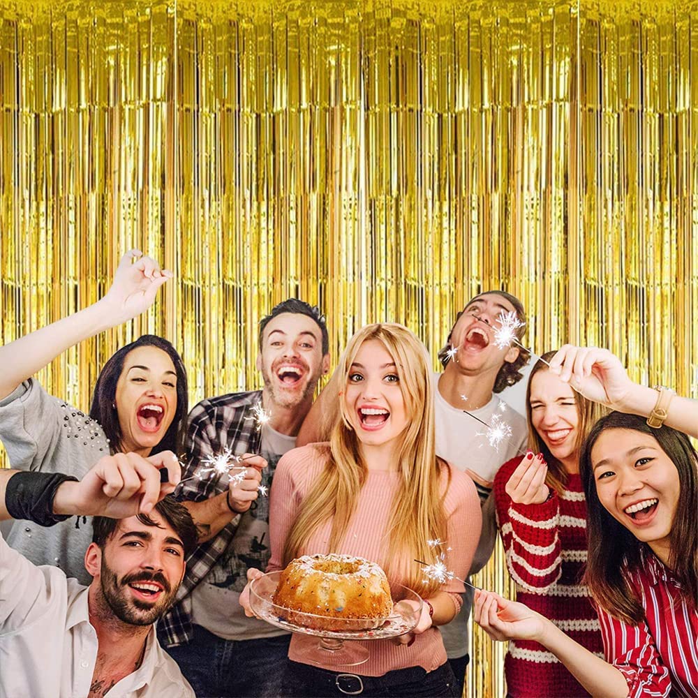 3Pcs Gold Metallic Tinsel Foil Fringe Curtains,3.2ft*8ft Gold Photo Booth Backdrop Streamer,Photo Booth Props,for Party Door Wal