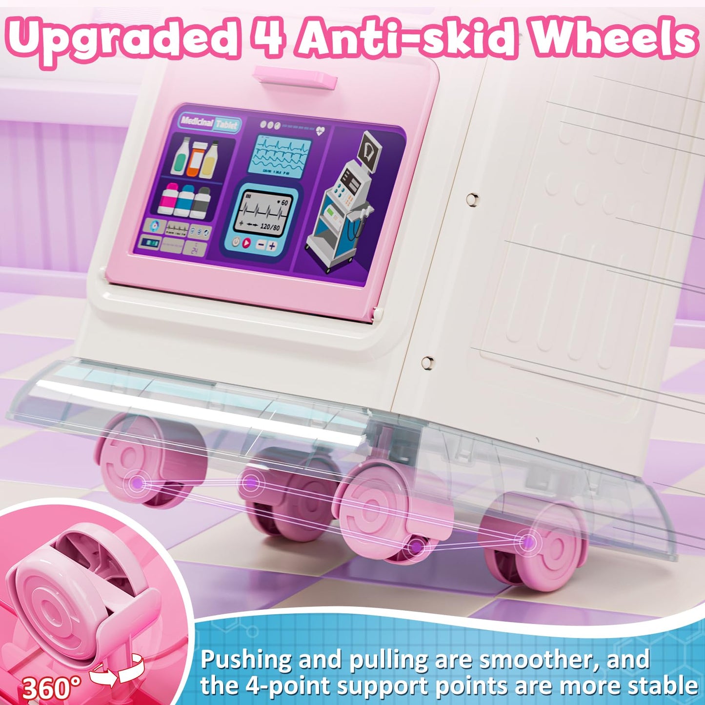 Lehoo Castle Doctor Kit for Toddlers, Mobile Cart with Lights & Sound, Pink, Model DK-007-P, Ideal Gift for Girls 2-5 Years Old