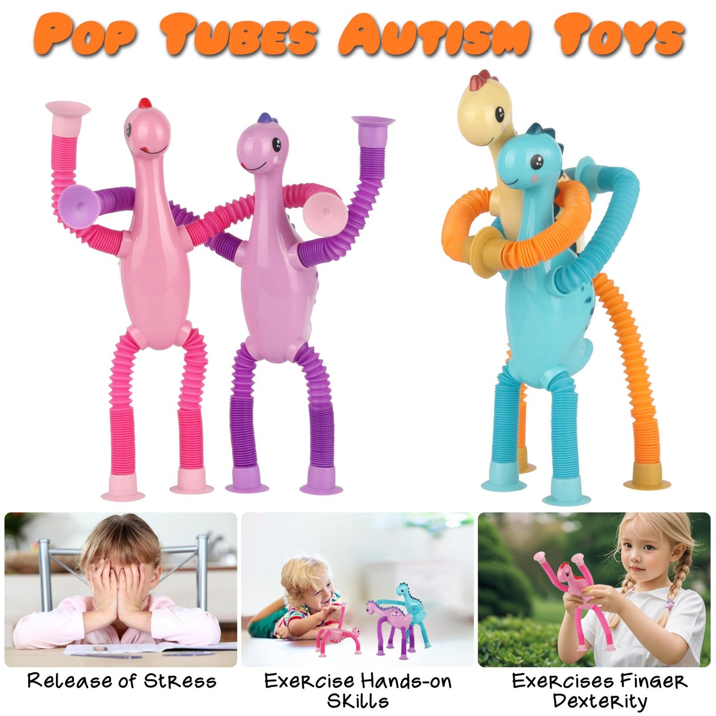 Sysama 4 Pcs Telescopic Suction Cup Toy, Pop Tubes Sensory Toys For Toddlers, Educational Fidget Toys Dinos Party Favors For Anx
