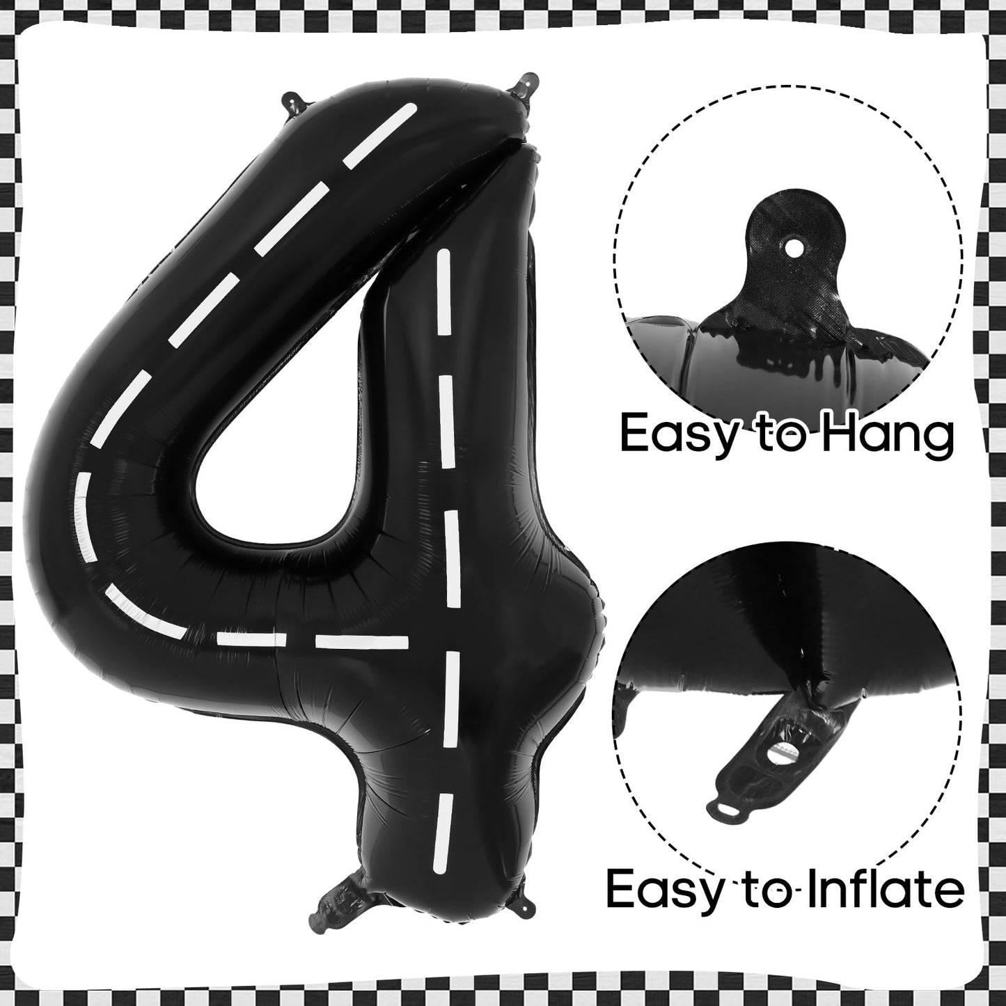 Race Car 4 Balloons, 40 Inch Racetrack Number 4 Balloon, Large Foil Mylar Racetrack Black 4 Balloon For 4 Year Old Birthday Race