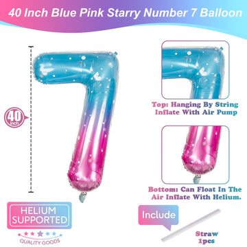 40 Inch Balloon Number 7 Mermaid, Large Mylar Foil Blue Pink Starry Number Seven Balloons Set For Girls Women, Rainbow Globos De