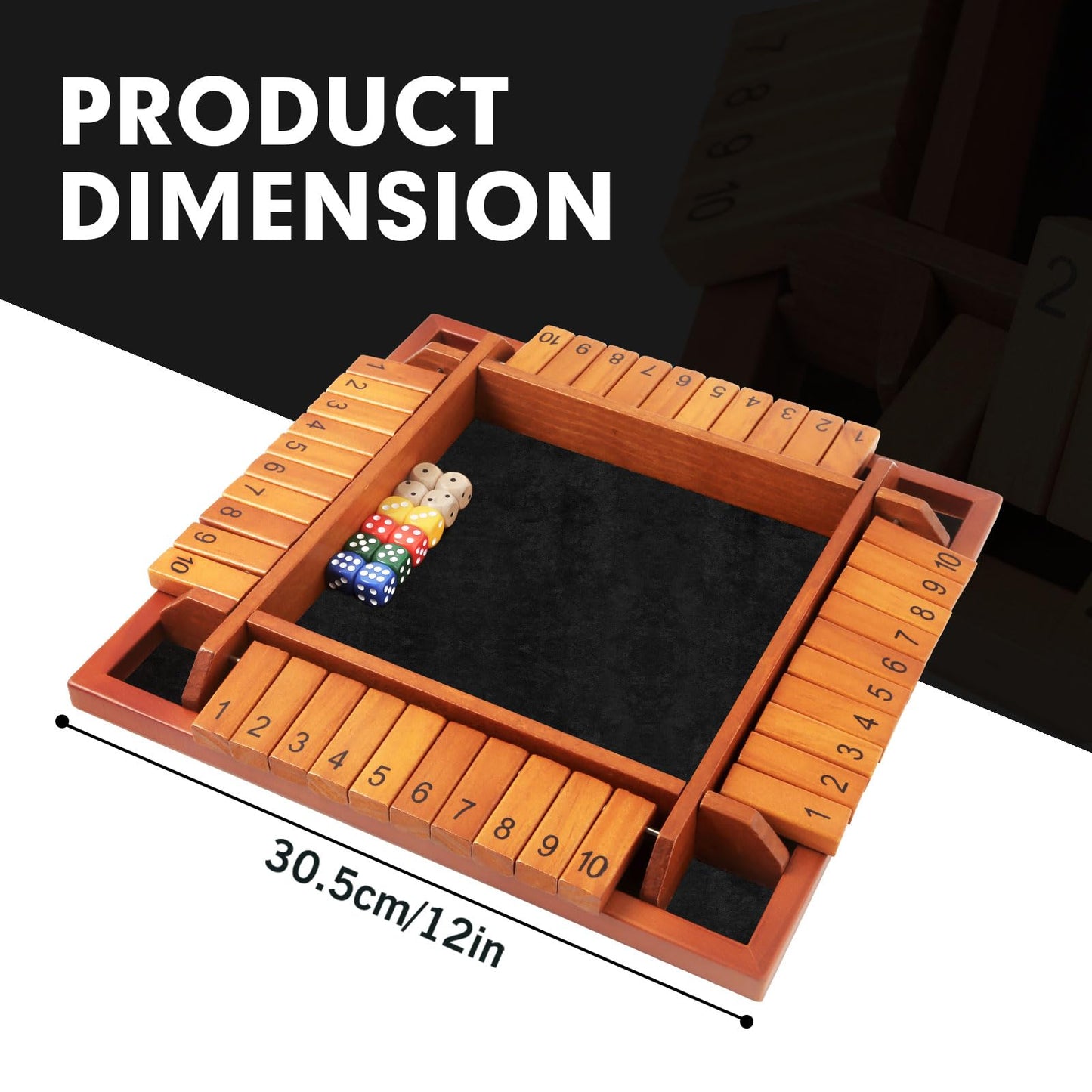Tooybing Upgraded 1-4 Players Shut The Box Dice Game, Wooden Board Table Family Game For Kids And Adults With 12 Dice, Classic T