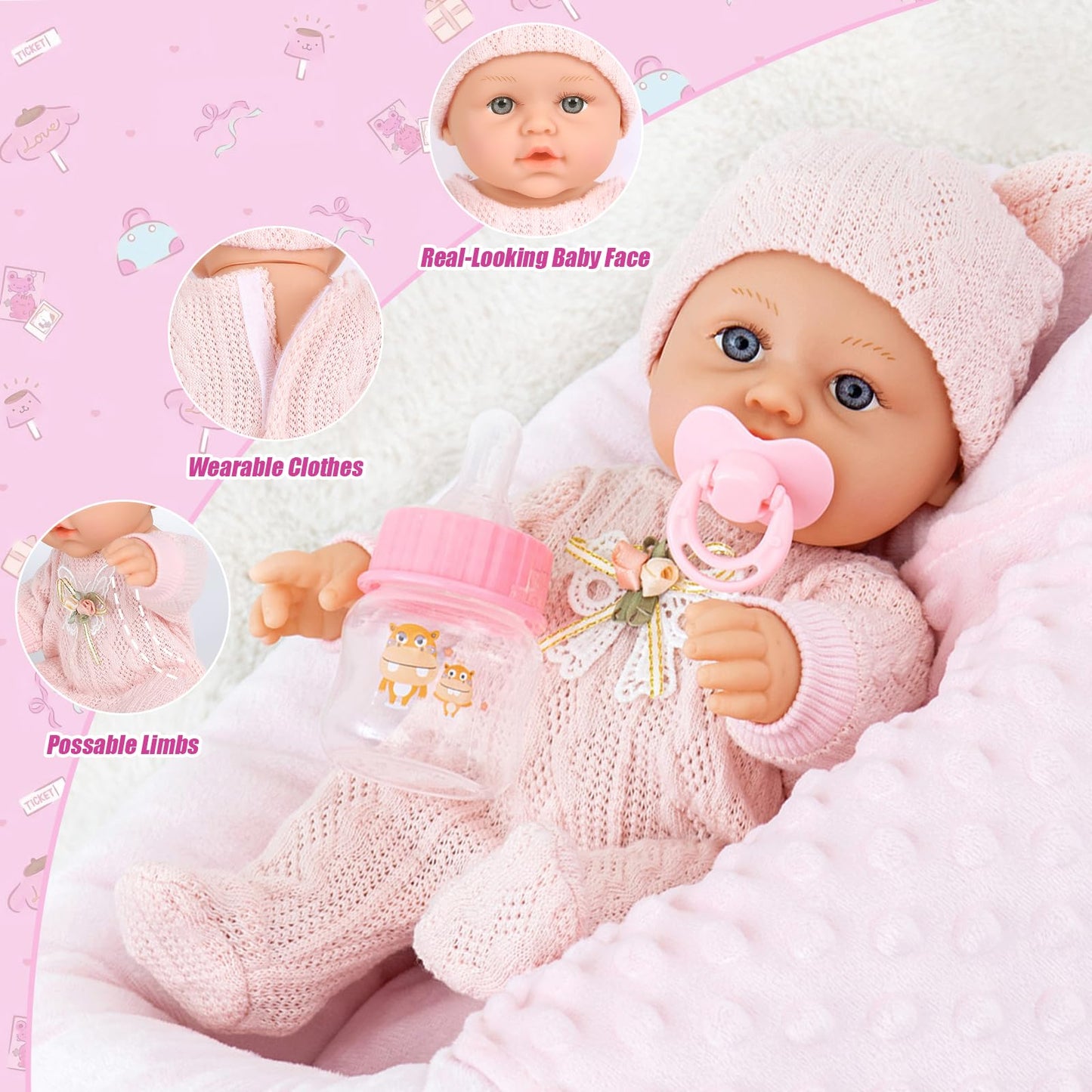12 Inch Baby Dolls Set With Accessories And Clothes,Newborn Girls Baby Doll With Soft Sleep Bassinet Bed Crib Pillow Blanket Pac