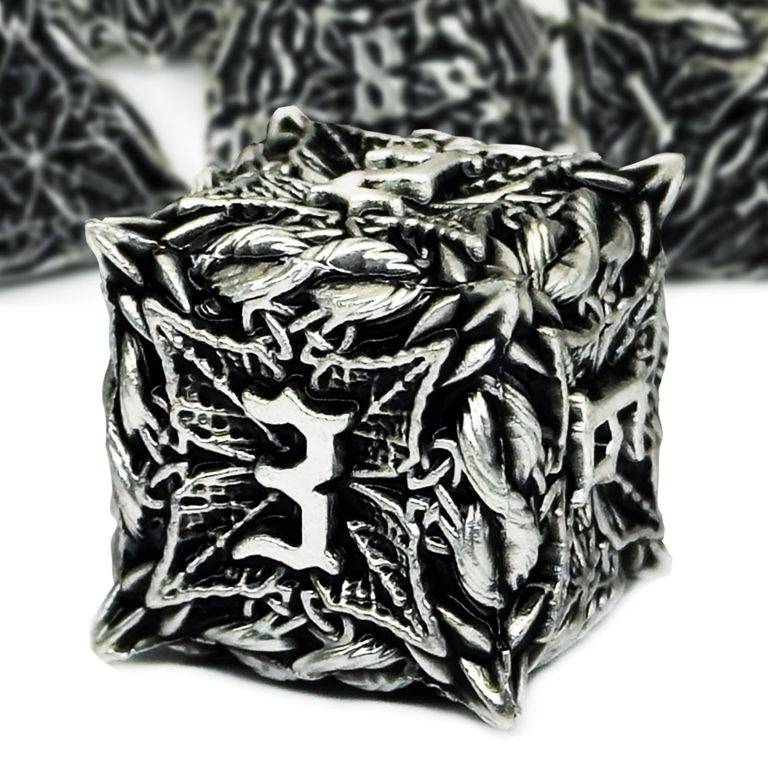 Haomeja Dnd Metal Dice Set - Leaf Vine Design, 7-Piece Polyhedral Dice For Dungeons And Dragons (Silver, Black)