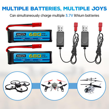 Amzzn 2Pcs 3.7V 680Mah 1S Lipo Battery With Jst Plug And Usb Charging Cable For Udi U817 U818A V959 V222 V929 S032 Rc Drone, Fou