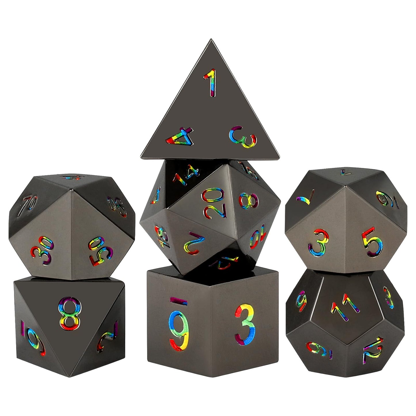 Csitorwwe Rainbow Numbers Dnd Metal Dice,7Pcs Heavy Metal Dice Set,Polyhedral D&D Dice With Gift Case For Dungeons And Dragon Rp