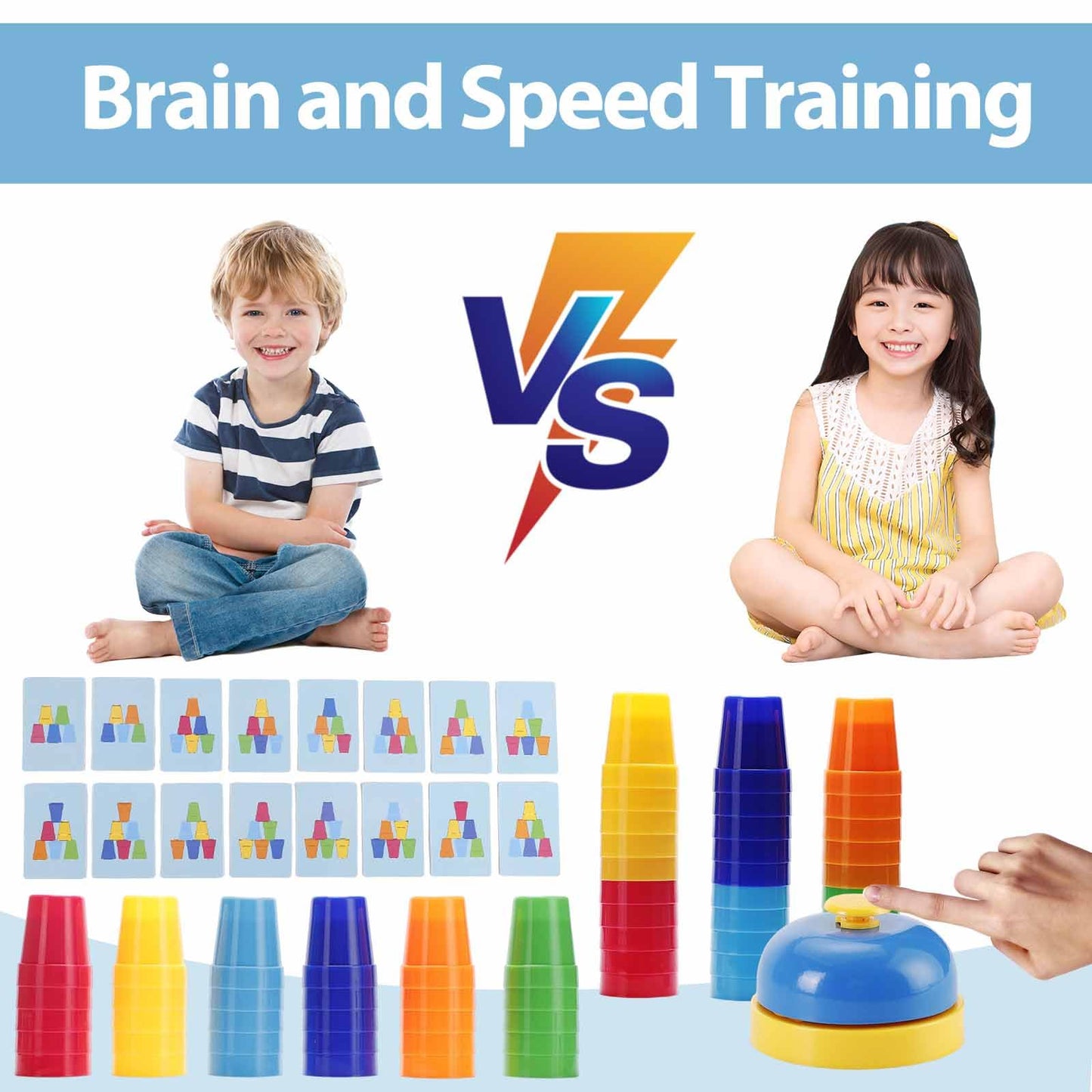 SEISSO Quick Stacking Cups Game - 30 Cups & 54 Cards, Medium Size, Plastic, Parent-Child Interactive Family Toy for Travel & Parties