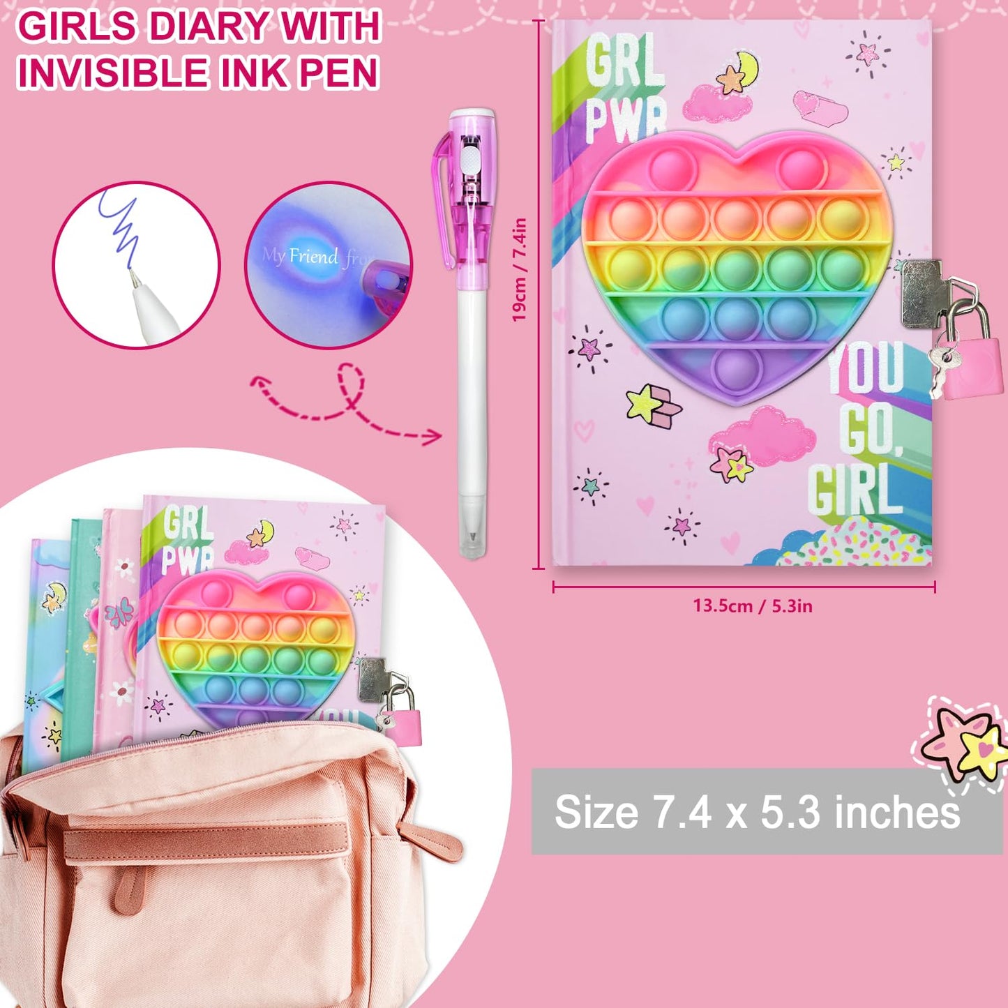 Ginmlyda Pop Girls Diary With Lock And Invisible Ink Double-End Pen, 7.5X5.4 Inches 160 Lined Pages Fidget Colorful Heart Girls Journal For Kids Secret Notebook Pen Set Gifts For Writing