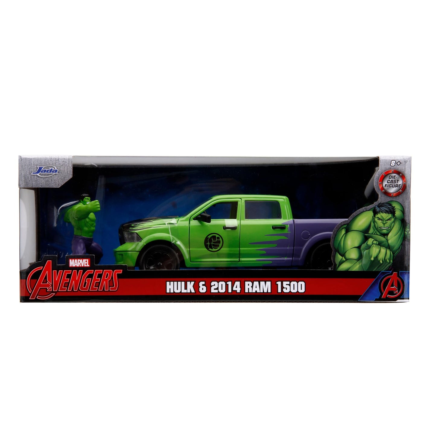 2014 RAM 1500 Pickup Truck Green and Purple and Hulk Diecast Figure Marvel Avengers Hollywood Rides Series 1/24 Diecast Model Ca