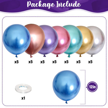 Metallic Balloons, 12 Inch Rainbow Chrome Balloons, 35Pcs Assorted Colors Multicolor Metallic Purple Red Green Blue Silver Rose