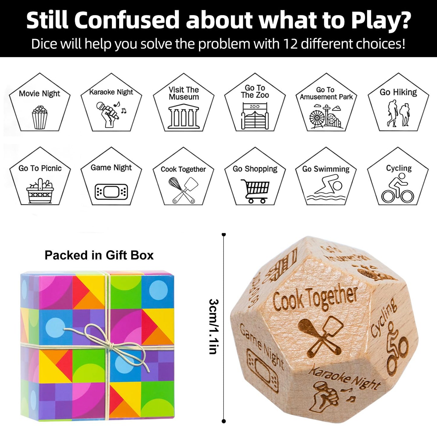 Metaroki Date Night Dice for Couples  Decision Dice Games Gift Idea  Wooden Dice Gift for Boyfriend  Girlfriend  Wife  Husband  for Christmas  Birthdays  and Valentines Day  Unique 12-Sided Design