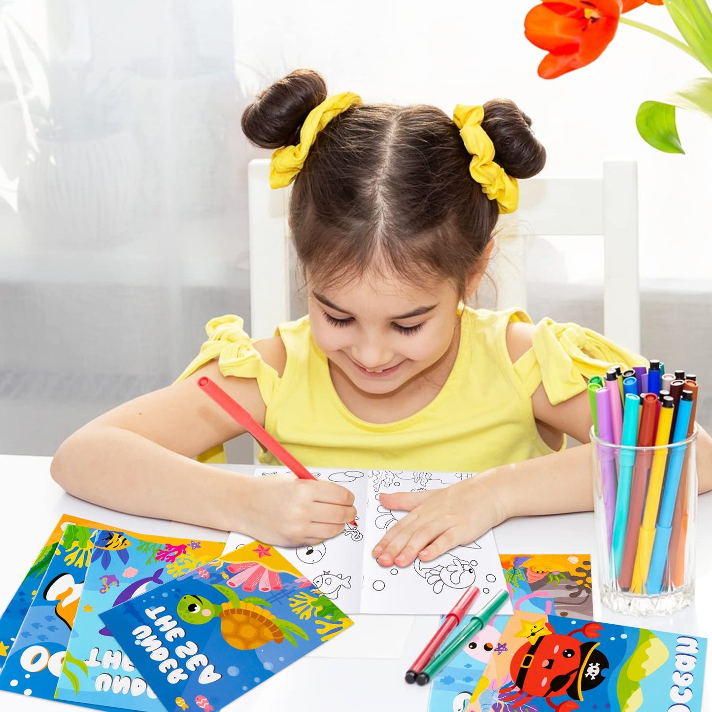 ANGOLIO 24Pcs Ocean Animals Coloring Books Bulk for Kids Mini DIY Art Drawing Book Set for Shark Seahorse Jellyfish Under The Se