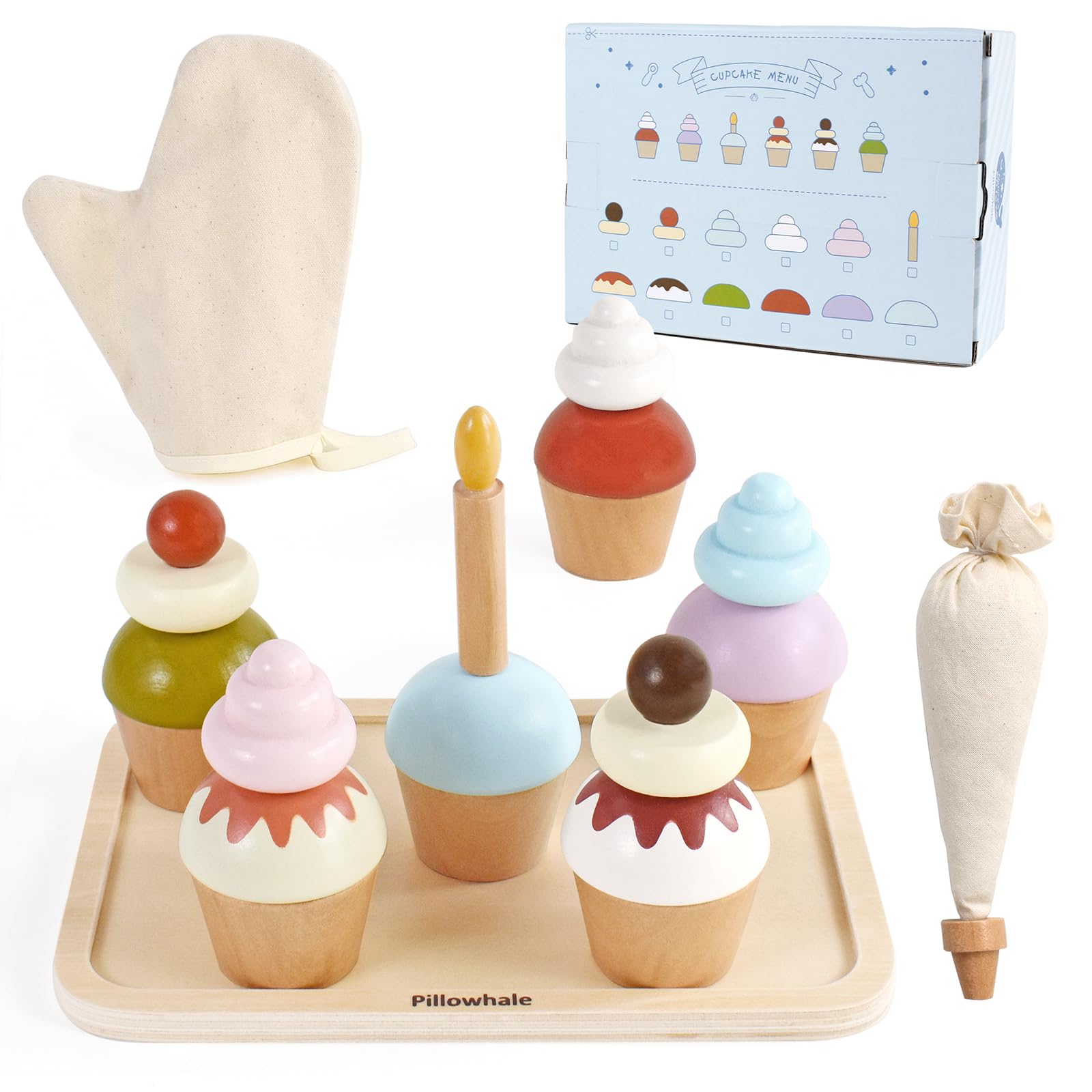 Pillowhale Wooden Cupcakes Toy,Kids Kitchen Playset,Pretend Play Food with Menu,Birthday Cake Toy for Toddlers Boys Girls Ages 3