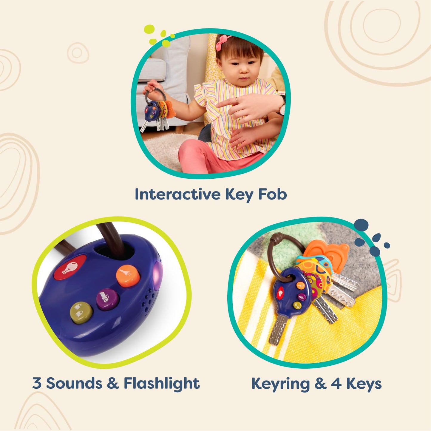 B. toys LucKeys Interactive Toy Car Keys - Blue, Small, Plastic, Model BX1930Z, Lights & Sounds for Babies & Toddlers 10+ Months