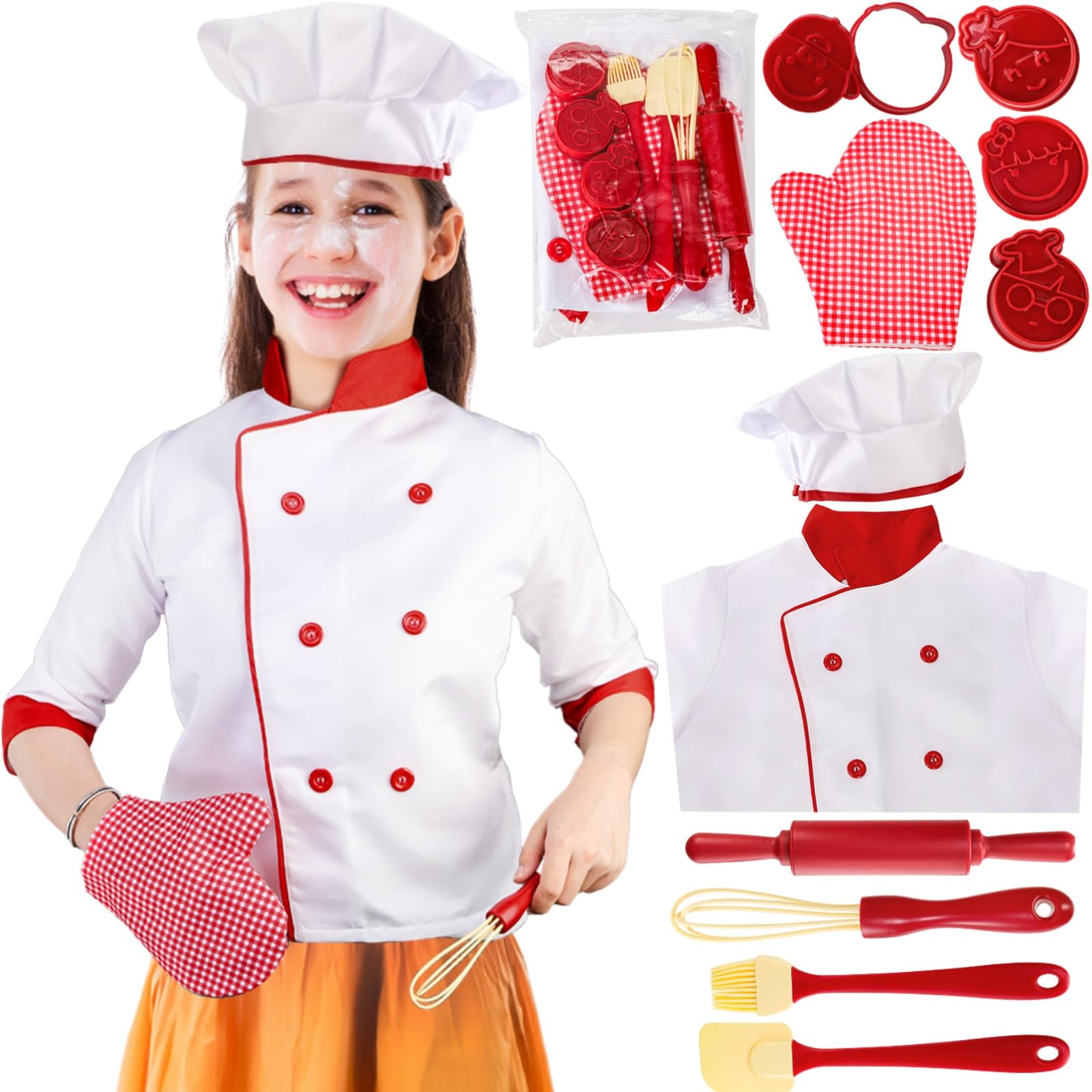 Noamus 11 Pcs Kid Chef Role Play Costume Set, Pretend Chef Outfit With Realistic Accessories, Kitchen Toys Kid Cooking Dress-Up