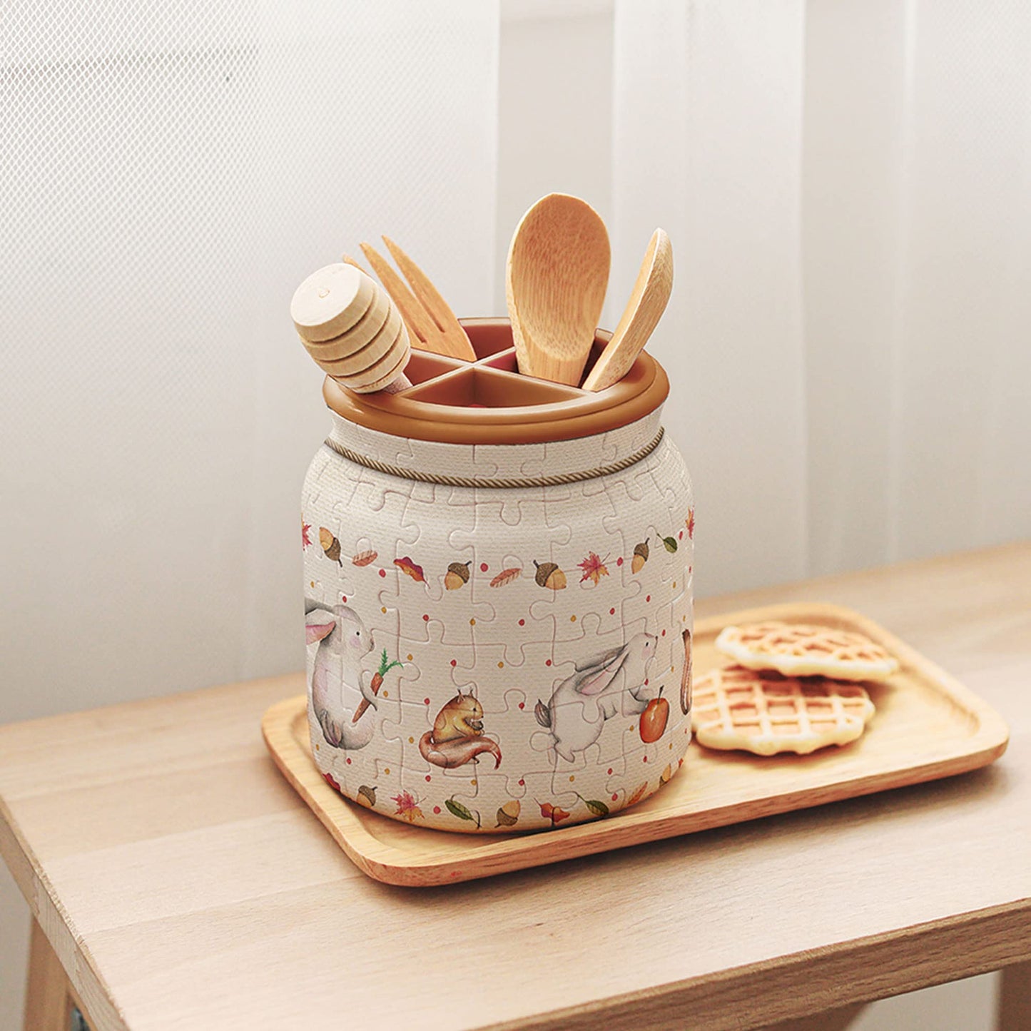 Pintoo 3D Puzzle Jar 96 Plastic Pieces For Adults - Rabbit And Squirrel - Use Includes Divider As Pen And Utensils Holder With Wooden Lid For Kitchen Dining Study Living Room Large [Bb1002]