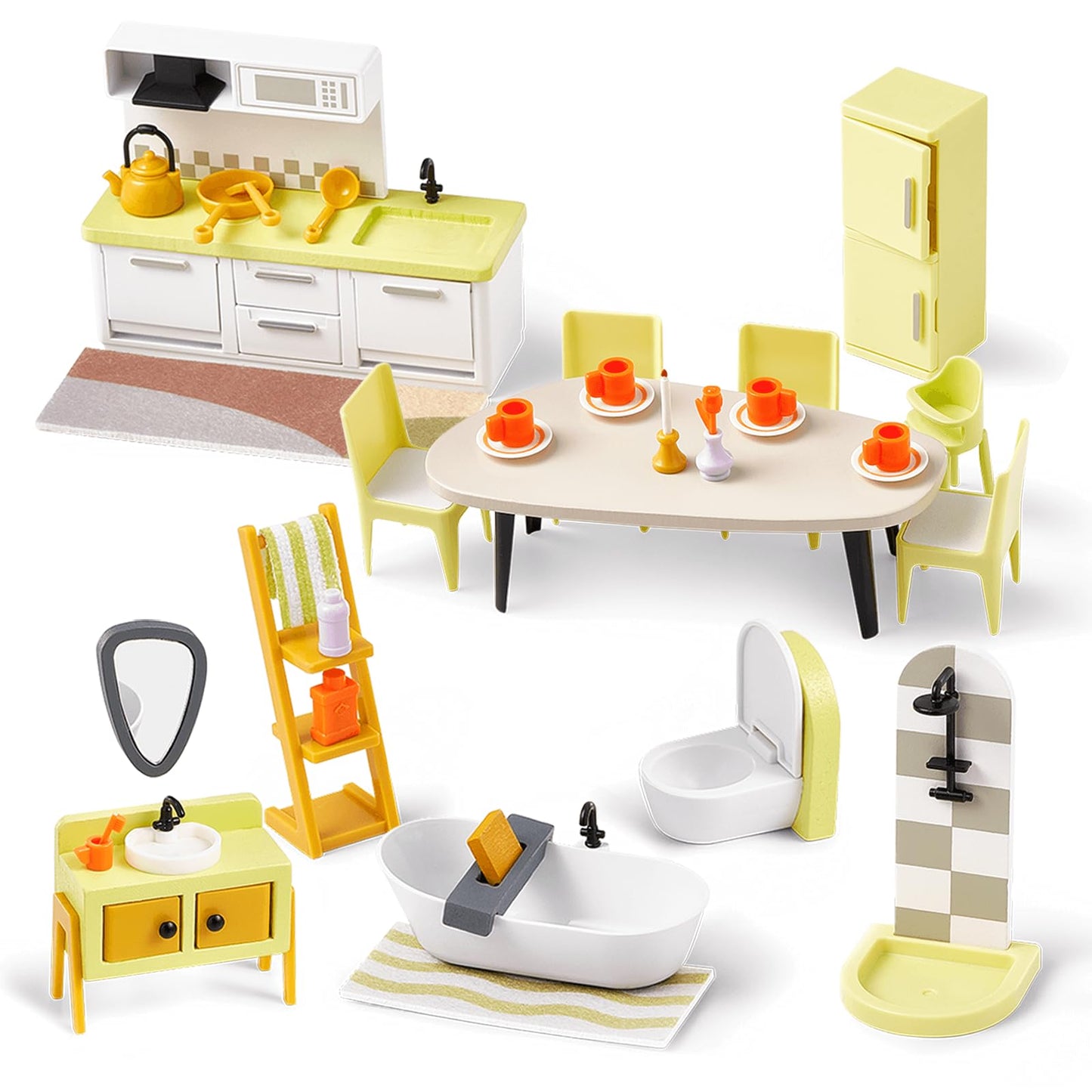 Giant Bean 37Pcs Green Wooden Plastic Dollhouse Furniture Kitchen And Bathroom Set, Modern Wood Dollhouse Accessories Pretend Play Furniture Toys For Boys Girls Toddlers & Kids 3+