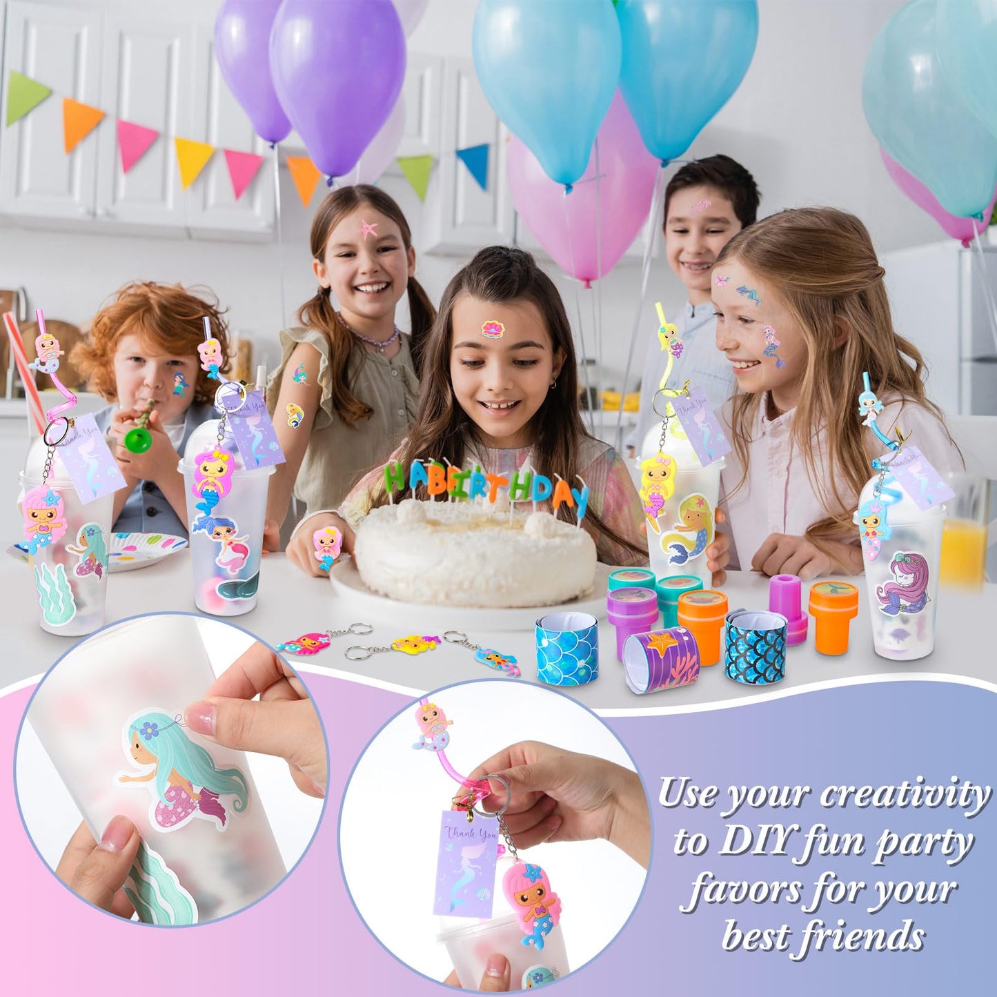 Qilery 267 Pcs Mermaid Party Unicorn Party Dinosaur Party Shark Party Favors Includes Plastic Cup with Lid Straw Keychain Bracel