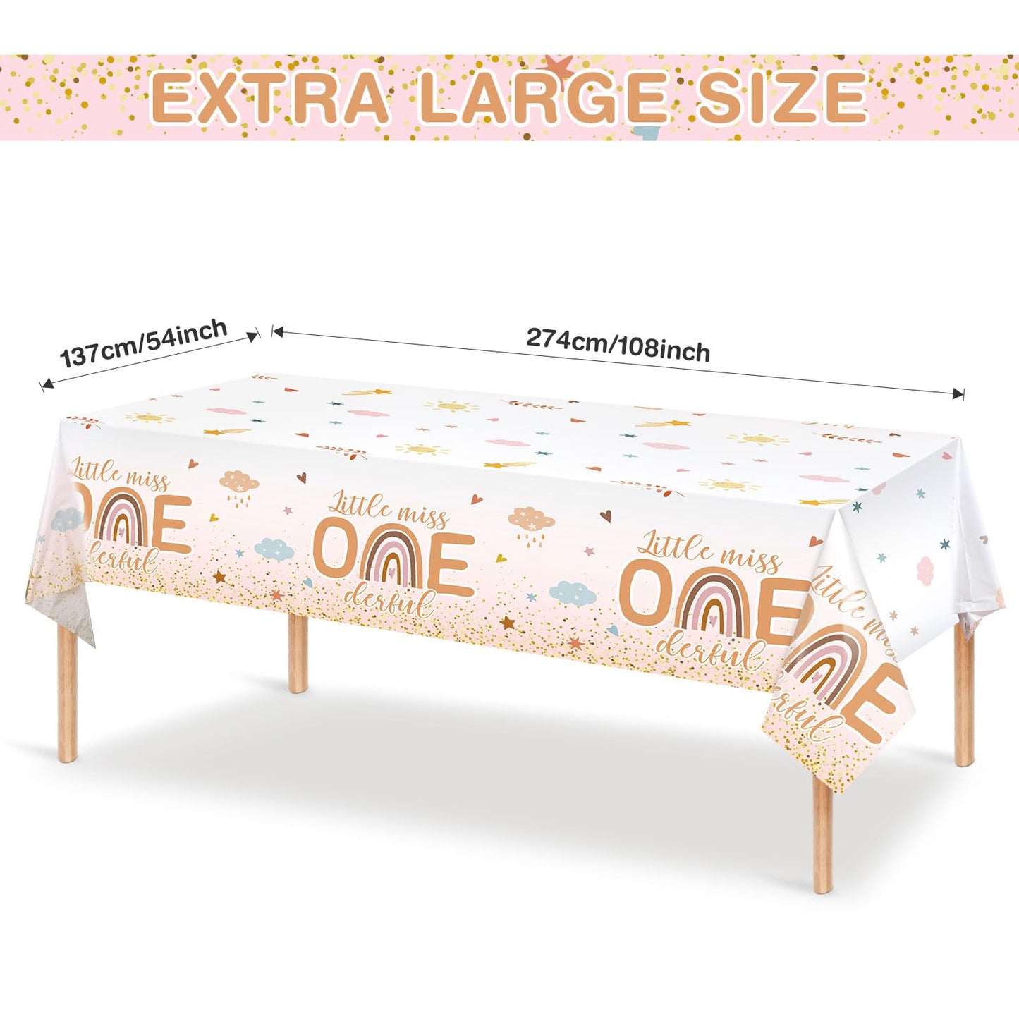 Tiamon 3 Pcs Boho 1st Birthday Tablecloth Decorations 108 x 54 Inch Plastic Rainbow Table Cover Little Miss Onederful Table Clot