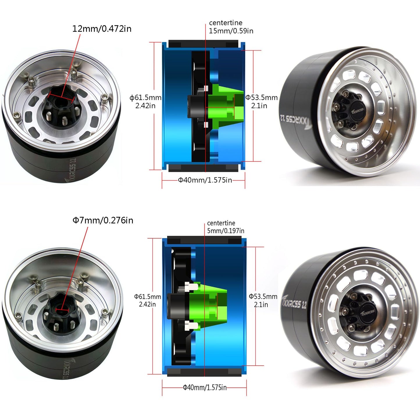 Txxrcss RC 2.2 Beadlock Wheels Adjustable 2 Offsets Rims Hub Aluminum Upgrades for 1/10 Crawle Car Wheel and Tires Remote Contro
