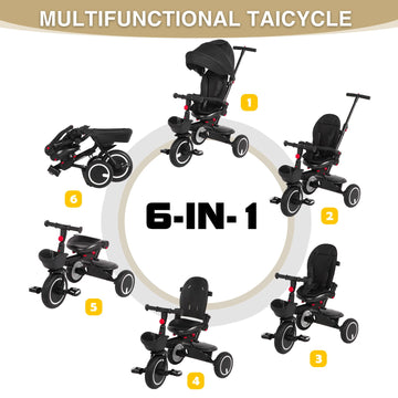 Baby Tricycle, 6-in-1 Folding Kids Trike with Removable Push Handle, Rotatable Seat, Adjustable Canopy, Storage Box, Safety Harn