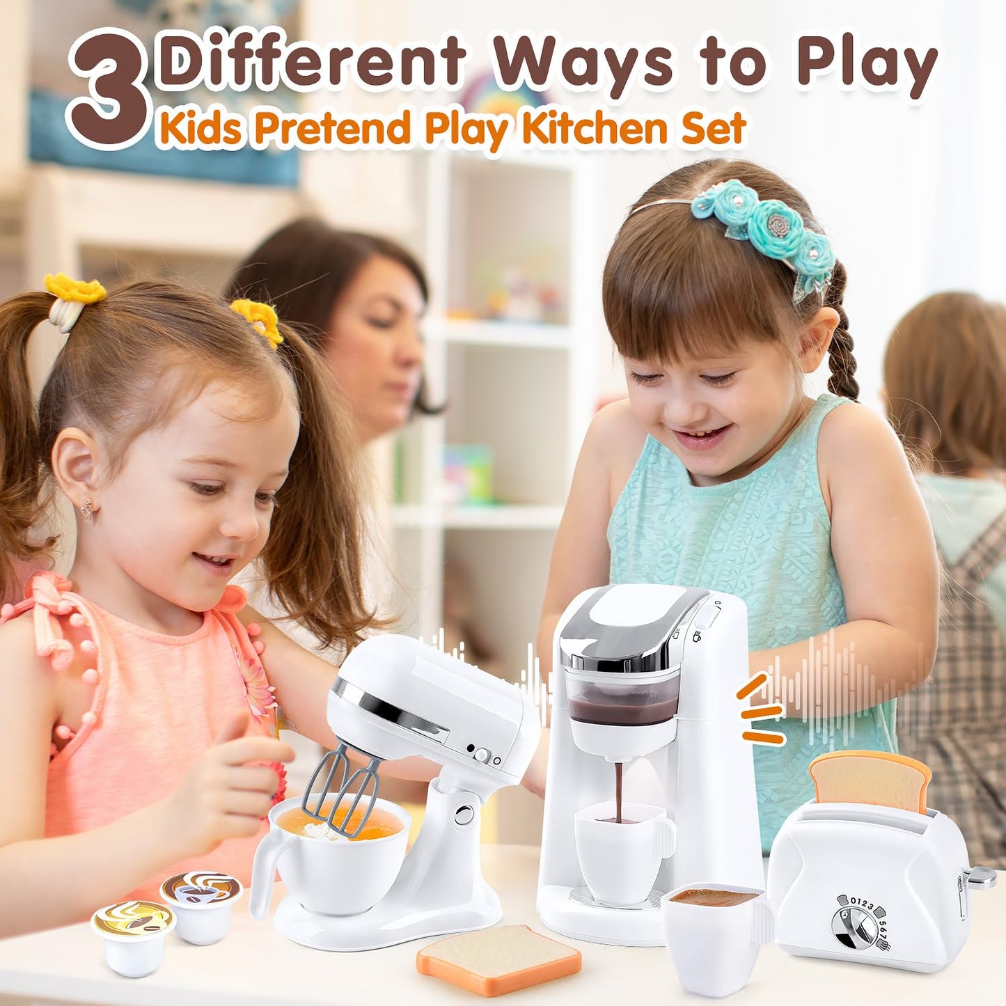 Play Kitchen Appliances Toys, Kids Kitchen Playset Accessories, Pretend Play Toy Sets With Coffee Maker, Mixer, Toaster With Rea