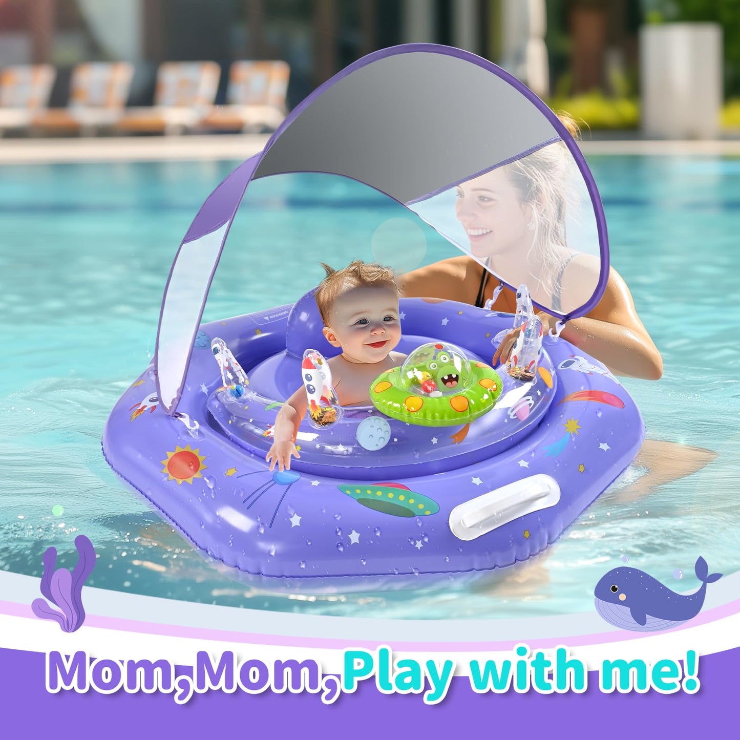Baby Pool Float With Canopy,Interactive Toy Play Console & Adjustable Safety Seat | Infant Pool Float With Handle | Baby Float W