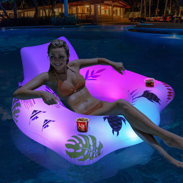 Deeprblu Inflatable Pool Floats Chair With Color Changing Light, Solar Powered Water Floats For Adults With 2 Cup Holders & 2 Ar