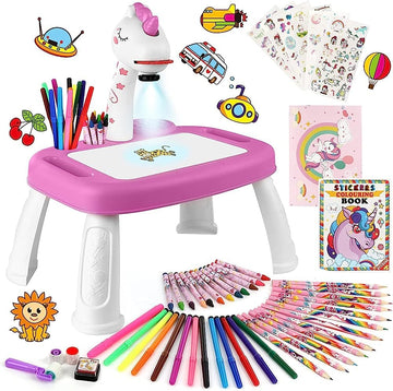 Drawing Projector For Kids, Drawing Board With Music, Color Pens, Pencils, Crayons, Scrapbook, Unicorn Sticker Book, Ideal Toy For 3+ Year Old Girls & Boys (Unicorn Kit)