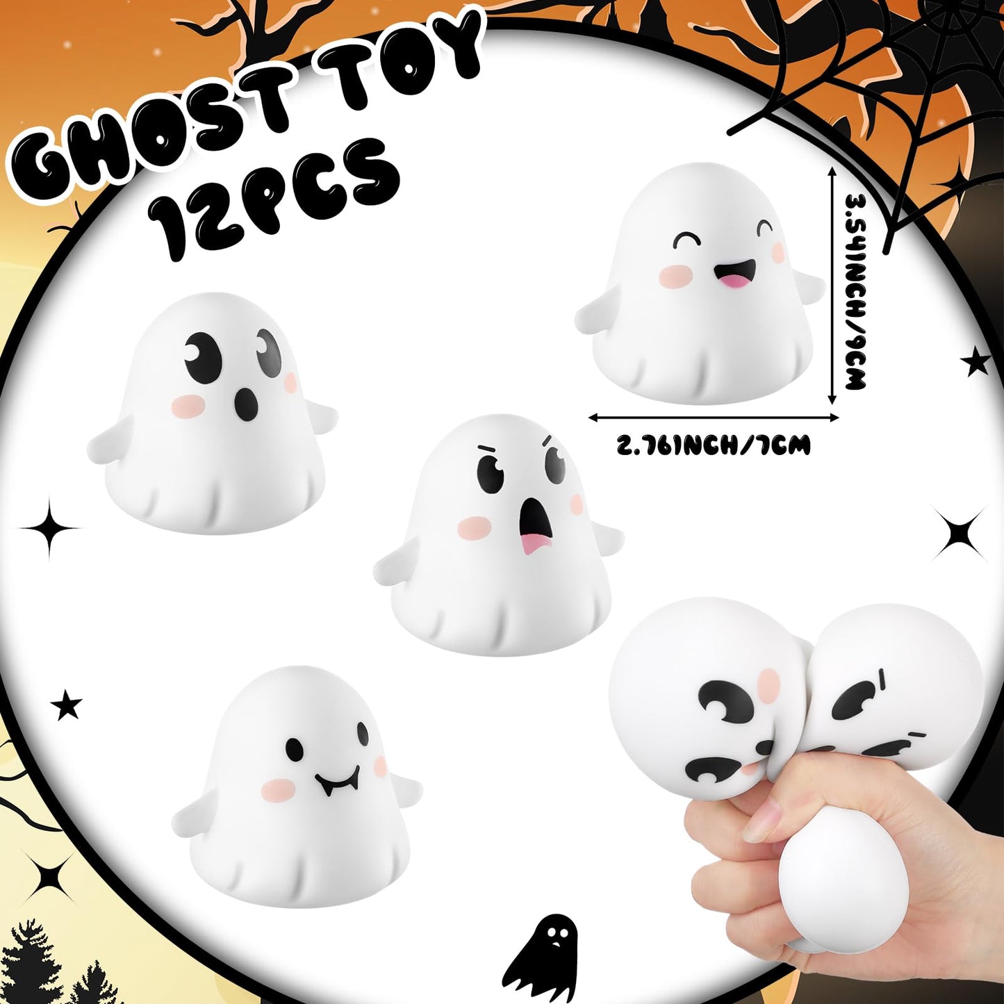 Meooeck 12 Pcs Halloween Ghost Stress Relief Toys Mini Ghost Toys for Relief Fidget Squeeze Balls Halloween Stress Balls Party F