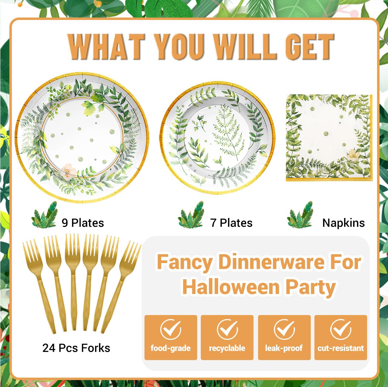Scione 96Pcs Greenery Party Decorations Party Tableware Set, Jungle Baby Shower Themed Birthday Party Supplies Party Plates Napkins Forks For 24 Guests Kids Bridal Showers Party Decorations
