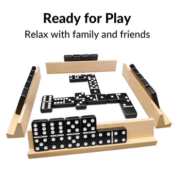 Dominoes Set For Adults With 4 Wooden Racks/Trays, Double Six Dominoes Travel Set With Portable Case Double 6 Dominoes Set With 4 Tiles Holders, 28 Tiles Dominos Set For Family Board Games - Black