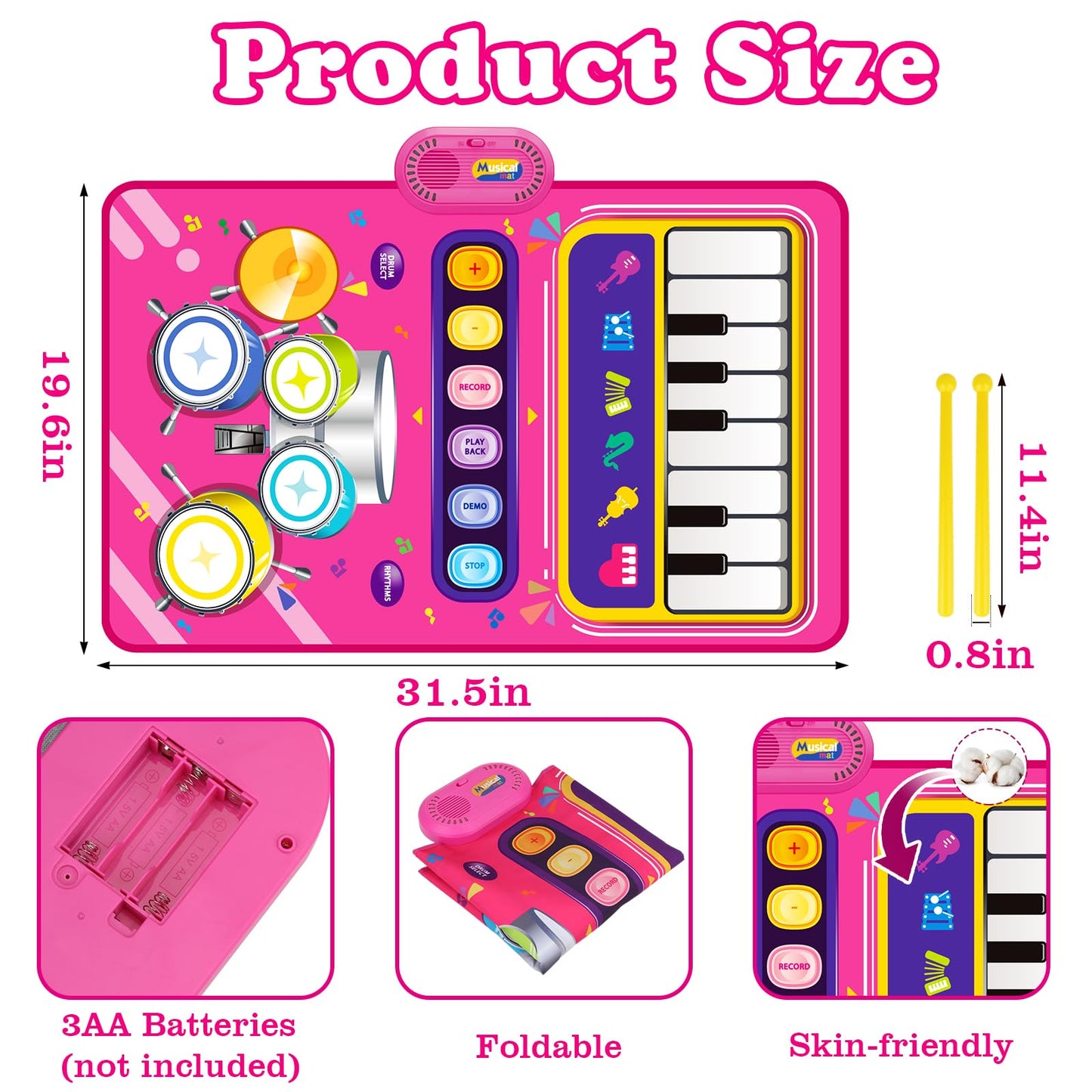 Toys For 1 Year Old Girl Gifts: Baby Piano Mat Toddler Toys Age 1-2 - 2 In 1 Piano Drum Babies Music Mat - Infant Musical Toy 12-18 Months Babies Birthday Easter Gifts For 1 2 3 Year Old Boys Girls