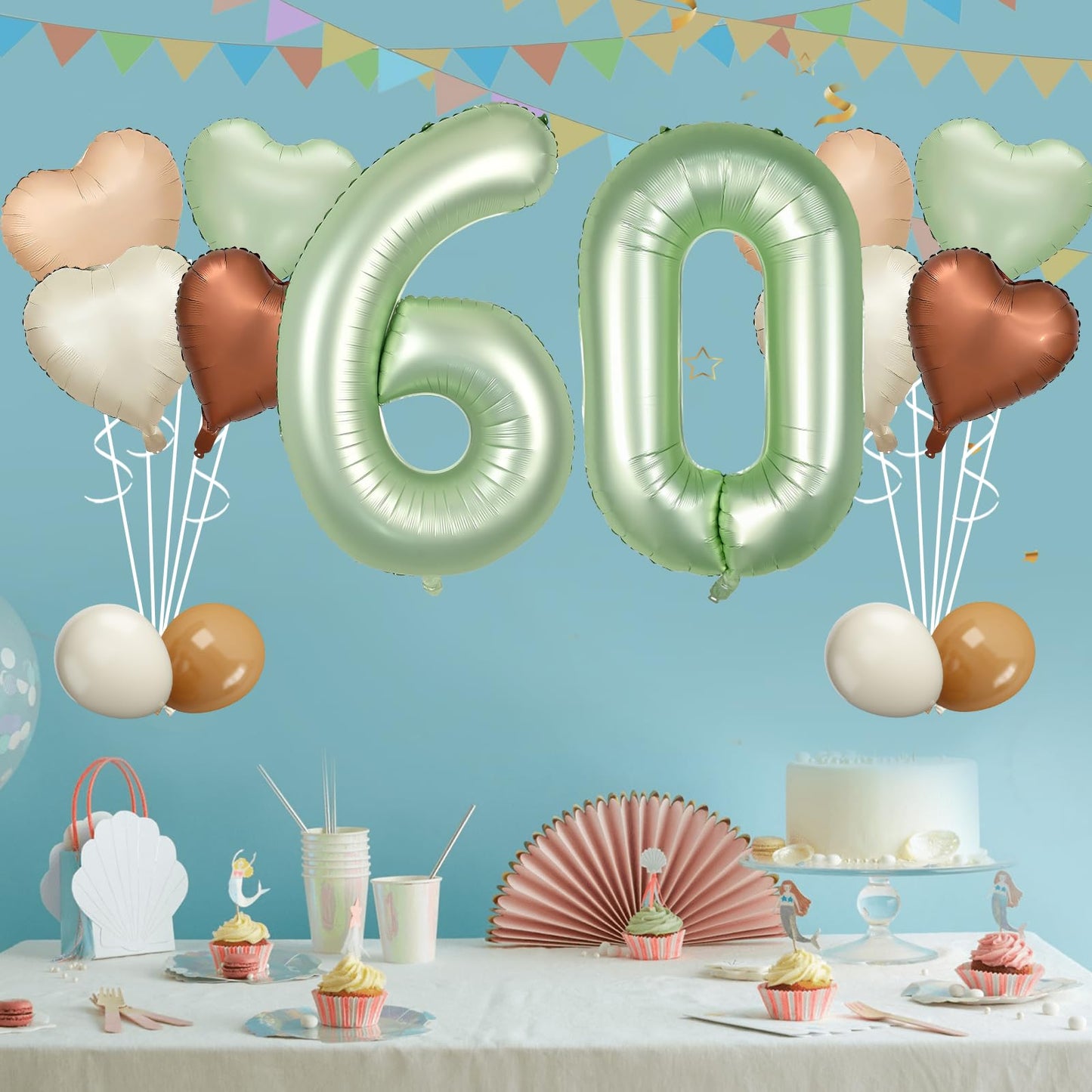 Biapian 40 Inch Sage Green Number 60 Balloons, Large Foil Number 6 & 0 Balloons With 18'' Olive Green Heart Balloon For 60Th Yea