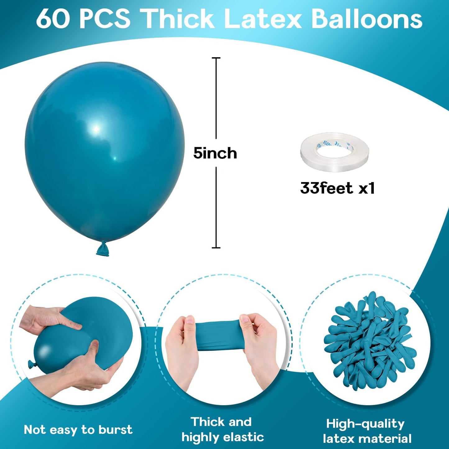 Jobkoo Peacock Blue Balloons 5 Inch, 60Pcs Small Turquoise Balloon Teal Blue Latex Balloons 5'' Mini Matte Dark Teal Aqua Blue H