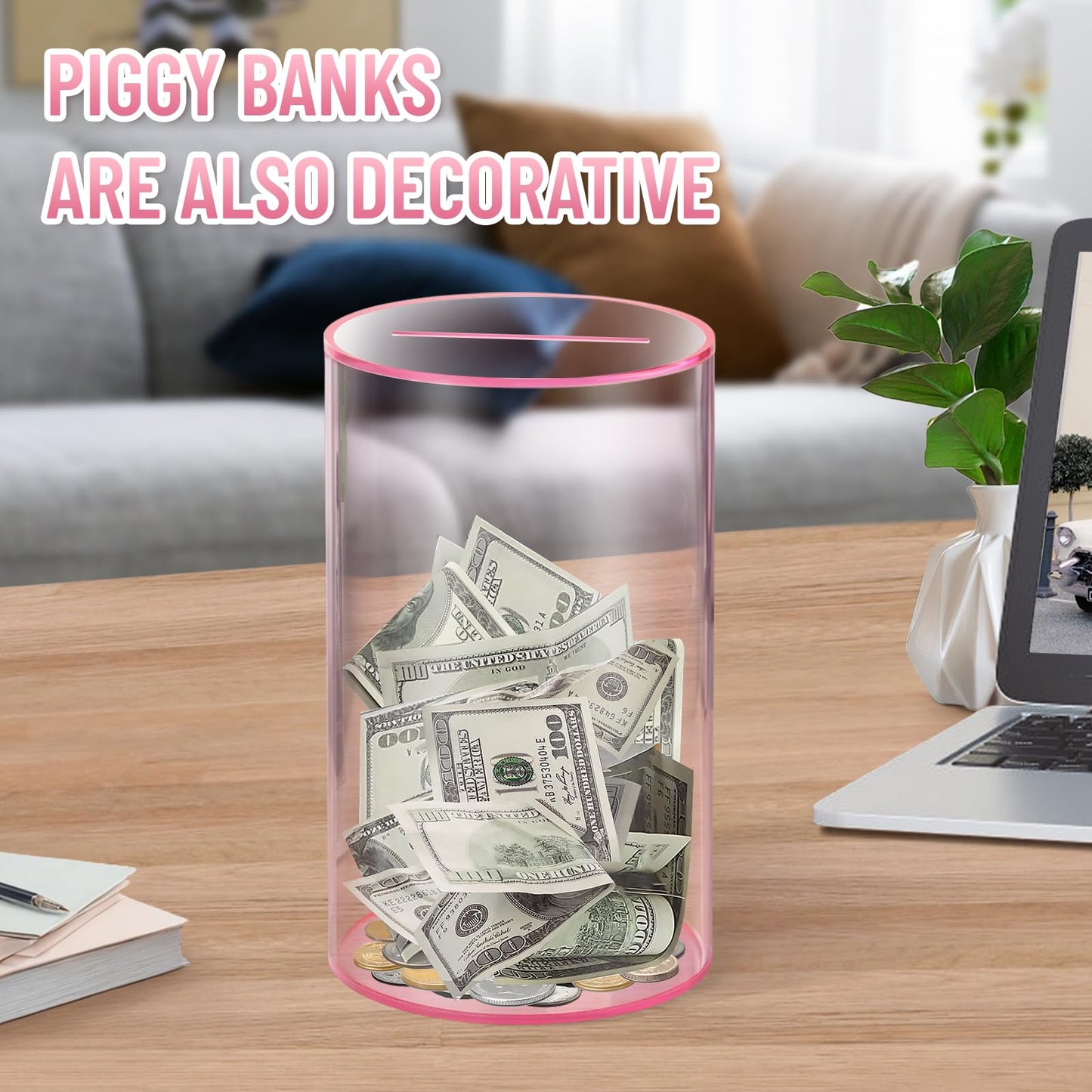 Hizgo Clear Pink Piggy Bank For Adults And Kids, Unopenable Acrylic Savings Jar, Must Break To Open, Medium Size (8' H X 5' Diameter)