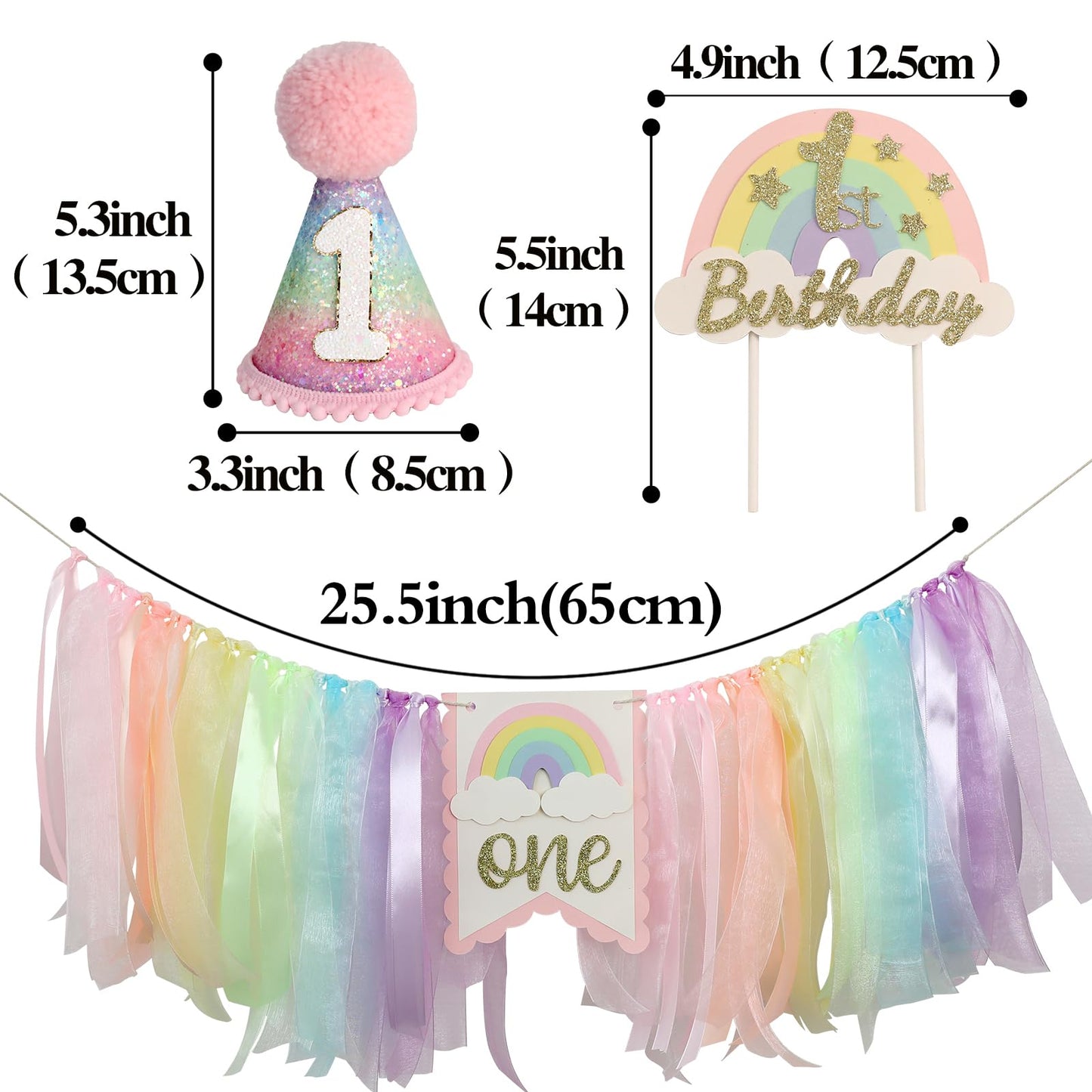Macaron First Birthday Party Decorations Pastel Rainbow High Chair Banner Crown Cake Topper For Girl 1St Birthday Decor