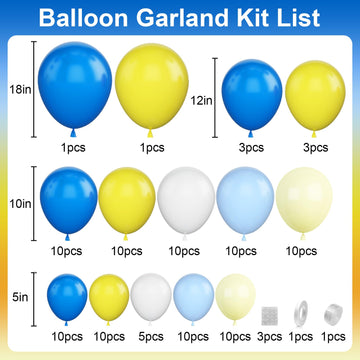 Blue Yellow Balloon Garlands, Pastel Blue Yellow White Balloon Arch Kit, 18/12/10/5 Inch Different Sizes Royal Blue Yellow Latex