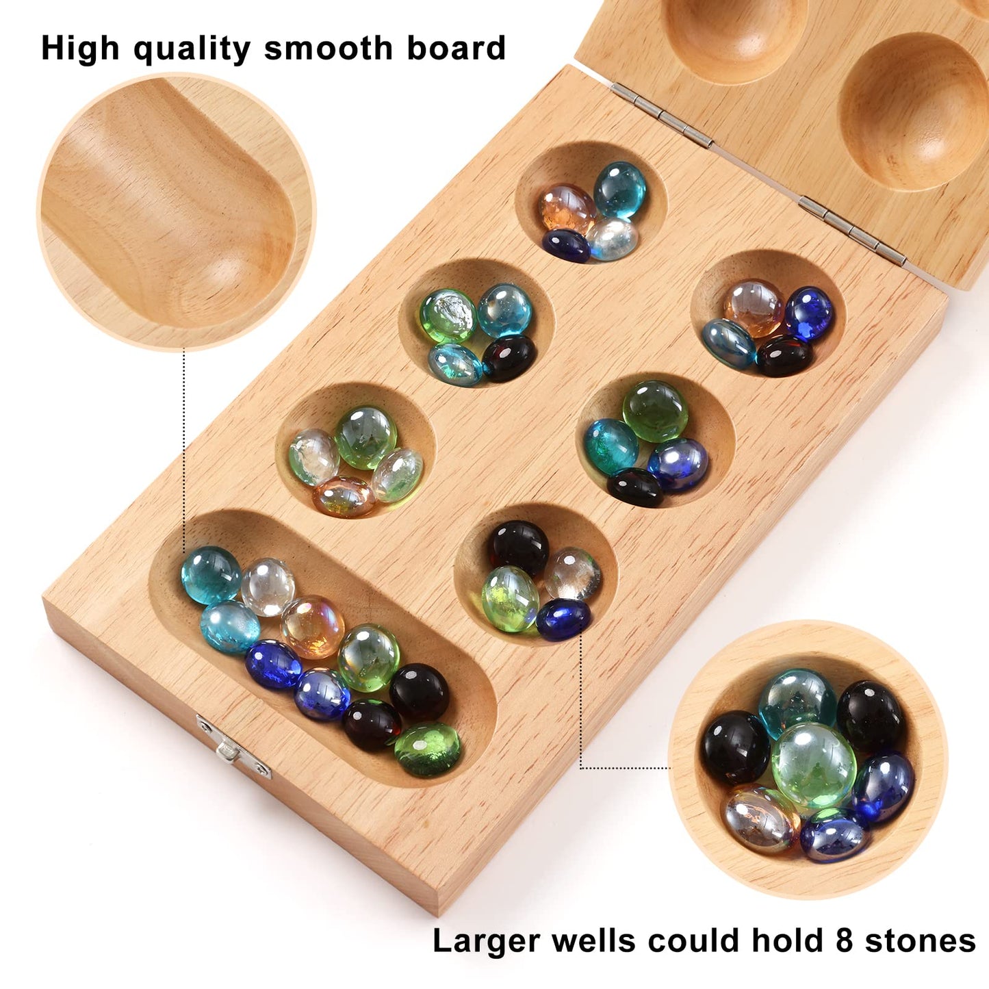Ceebyfa Mancala Board Game For Kids, Adults & Family. Includes Folding Rubber Wood Board, 48+10 Mancala Stones & Instruction. Cl