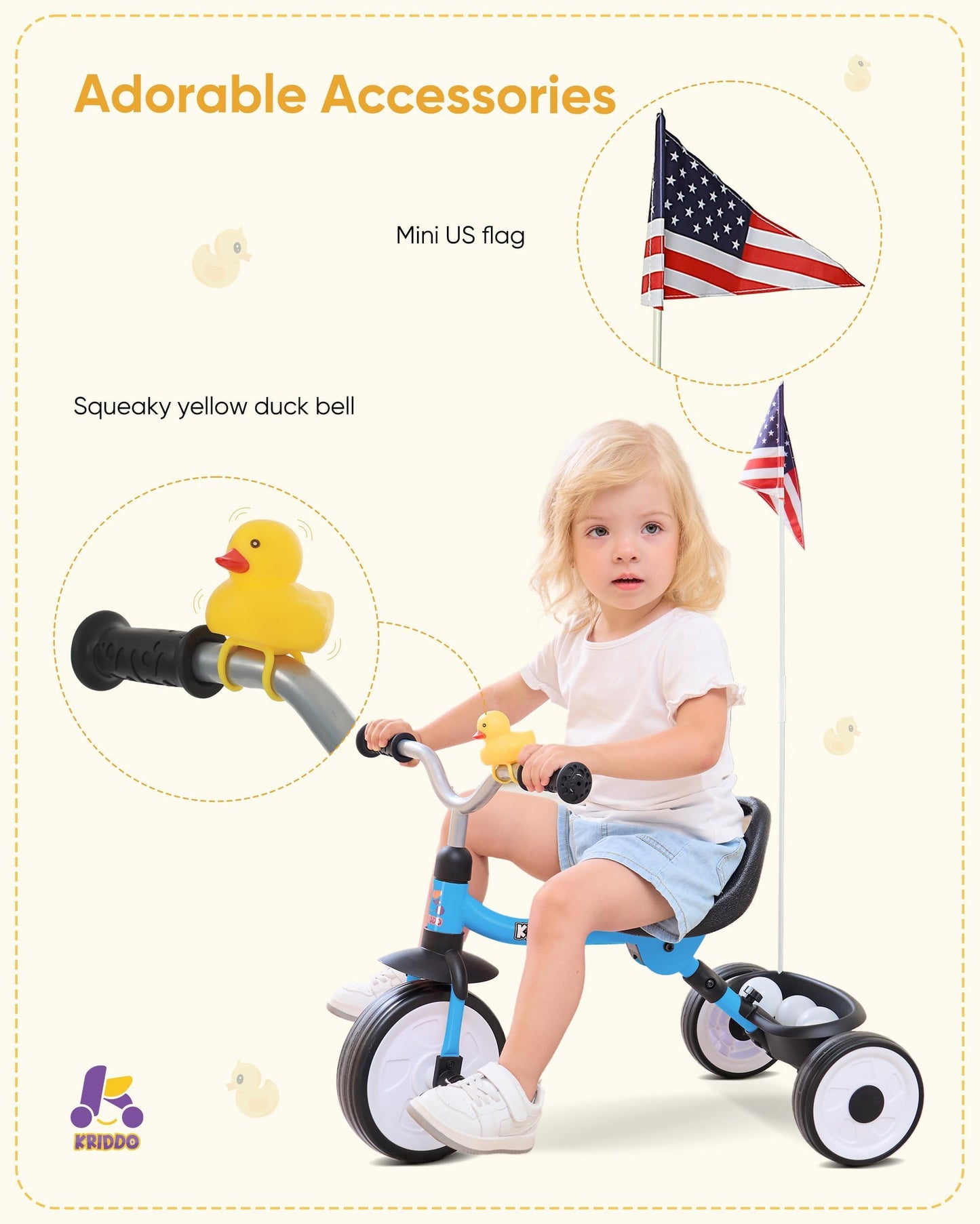 KRIDDO Kids Tricycle for 18 Months to 3 Years, Foldable Toddler Tricycle with Storage Basket, Kids Trike for 2 Years, Adjustable
