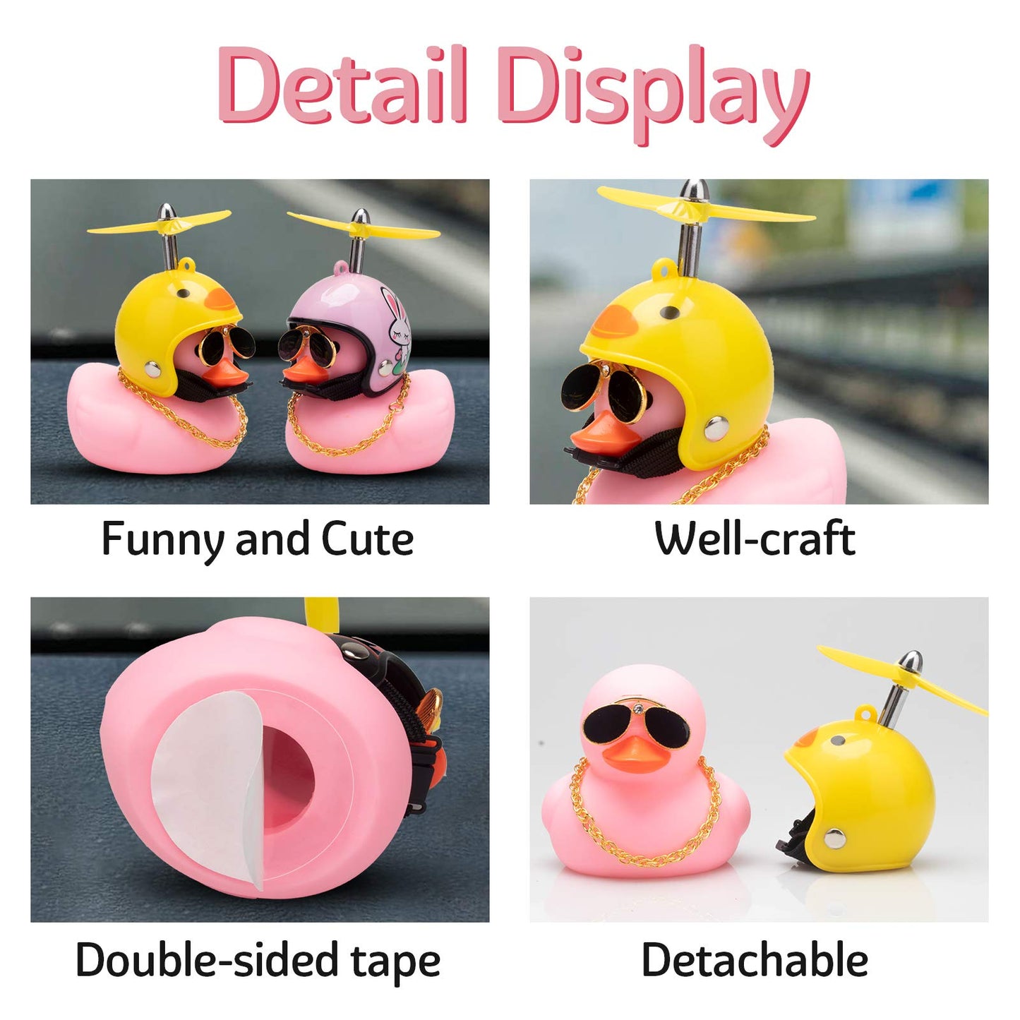 Wonuu Pink Duck Car Dashboard Decorations Rubber Duck Car Ornaments Cool Duck With Propeller Helmet Sunglasses Gold Chain