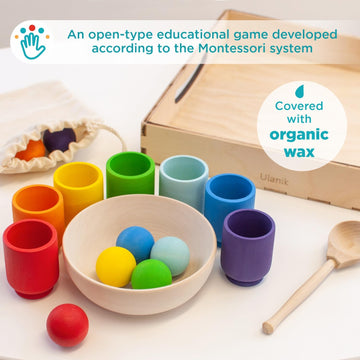 Ulanik Rainbow Balls In Cups Toddler Montessori Toys For 1+ Year Old Kids Wooden Matching Game For Learning Color Sorting And Counting — 7 Balls, 1.18 In