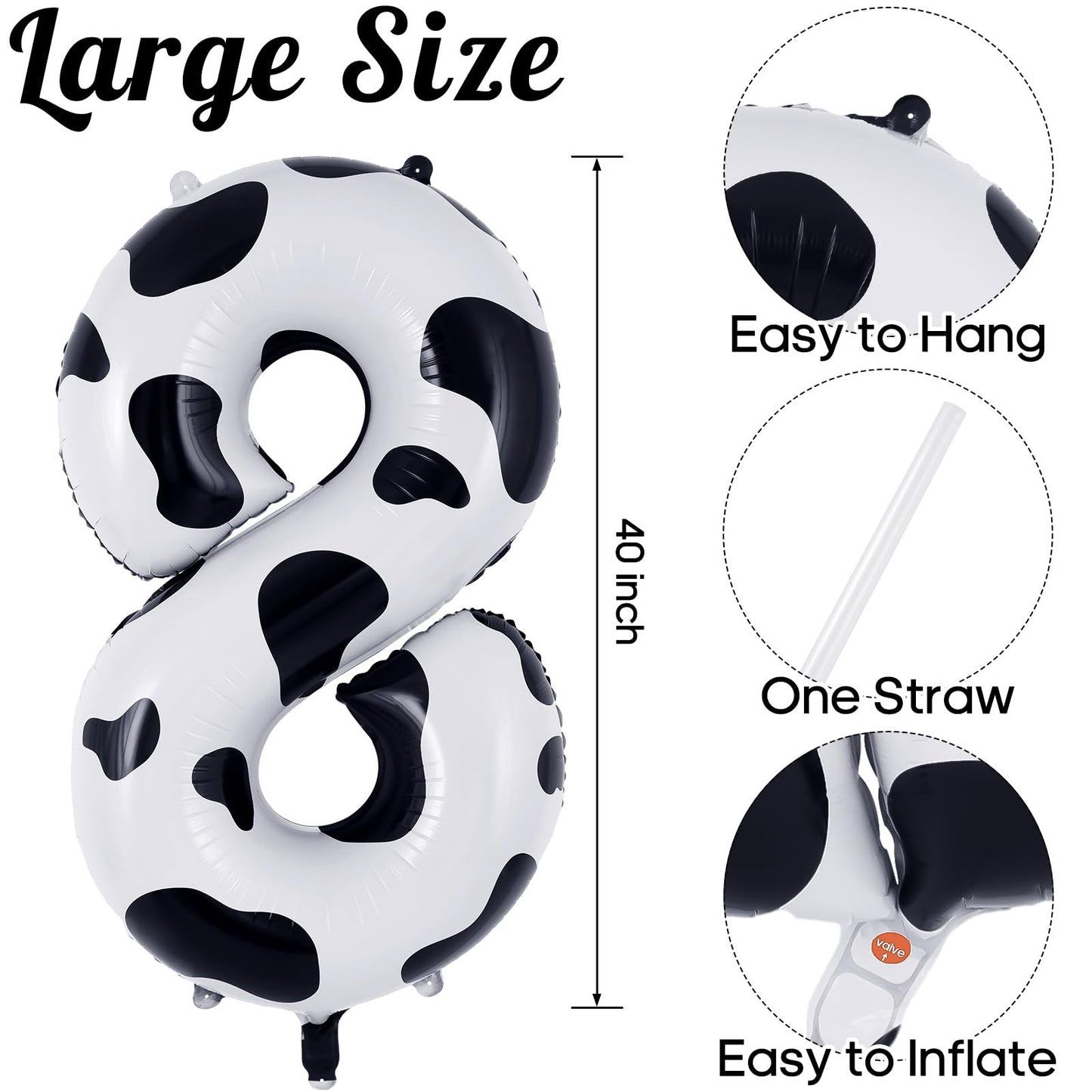 Cow Print Number 8 Balloon, Large 40 Inch Cow Number Birthday Balloons, Foil Mylar Number 8 Balloons For 8 Year Old Birthday Par