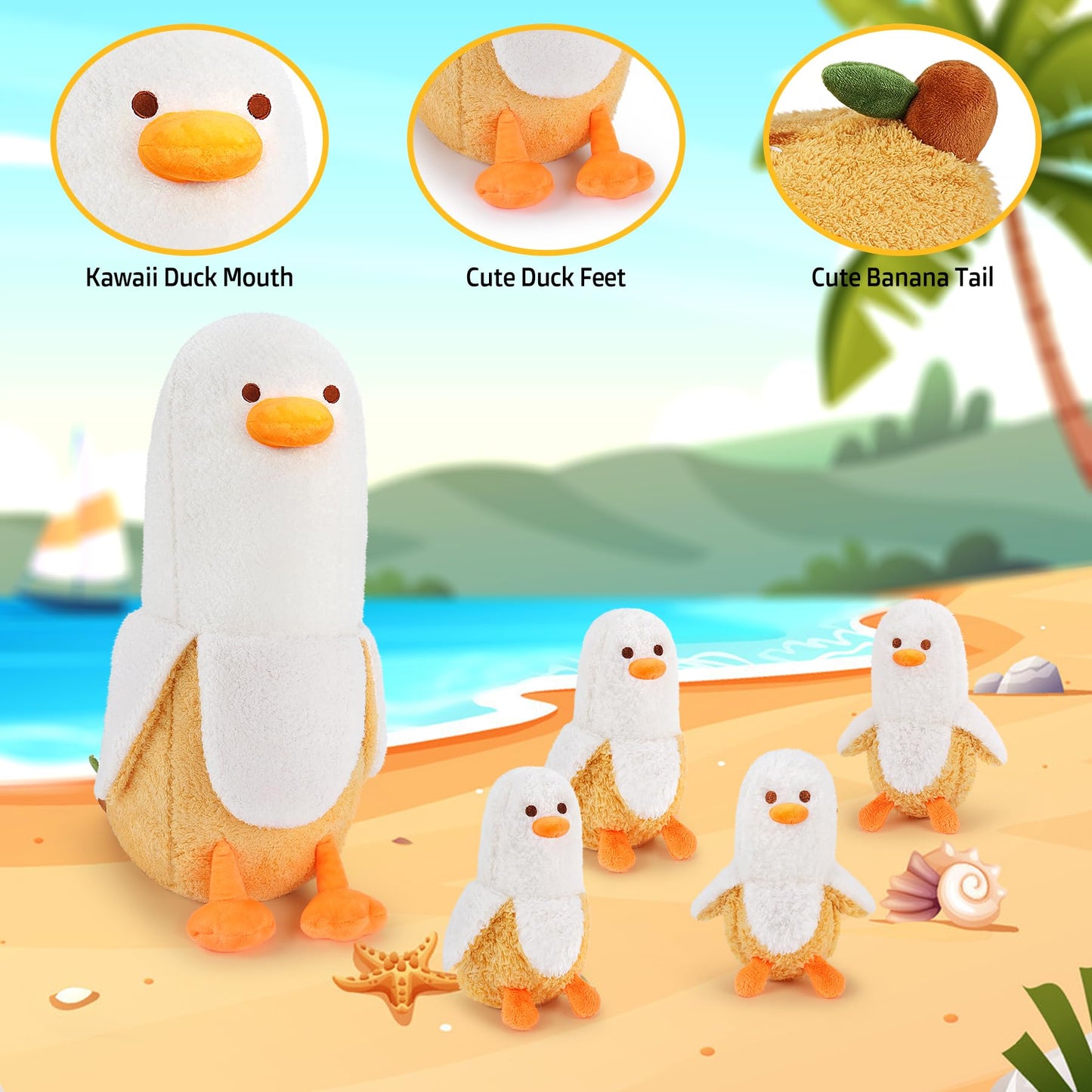 Auspicious Beginning Banana Duck Plush Family - 20'' Cotton Mommy & 4 Baby Ducks - Cute Kawaii Gifts for Kids, Boys & Girls