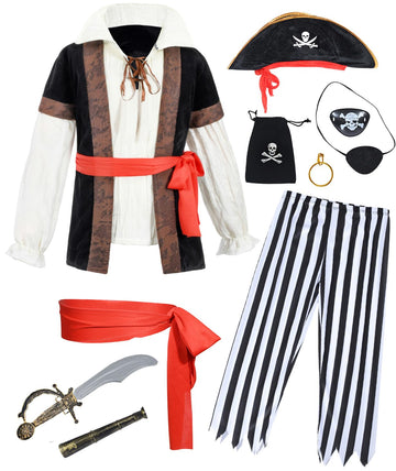 10 Pcs Pirate Costume Kids Coat Pants Hat With Accessories Deluxe Set For Party Cosplay 11-12 Years