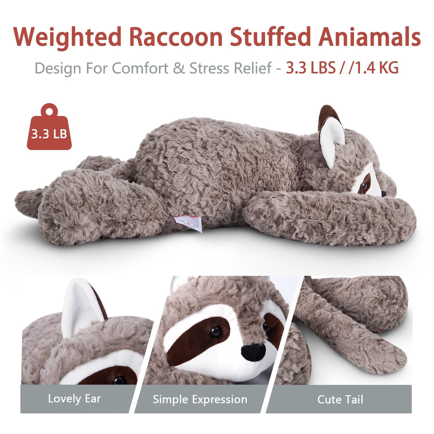 Niuniu Daddy 20'' | 3.3 Pound Weighted Stuffed Animals For Kids, Fluffy Raccoon Sensory Plush Animal Toy For Sleeping Hugging, C
