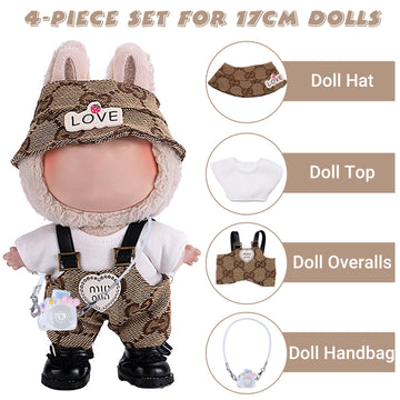 Handcrafted 4 Piece 15cm/17cm Doll Clothes Set for Labubu Dolls (No Doll)  Cute Brown Outfits Overalls Accessories with Top  Hat and Handbag for Boys Girls (No Shoes) AK060BR