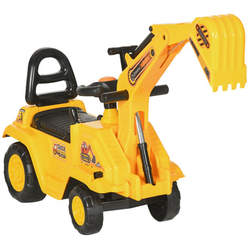 Homcom Ride On Excavator Pull Cart, Kids Digger Ride On Truck With Horn, Under Seat Storage, Sit And Scoot Pretend Play Toy Construction Car For Ages 18M+